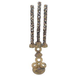 Vintage Gothic Brutalist Steampunk 3 Candle Metal Candelabra Pierced Design 16"